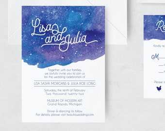 Wedding Invitation Suite (Printed), Custom and Personalized - Galaxy Invitation - Bold Purple, Blue, Turquoise, Night Sky, Under the stars