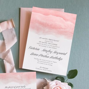 Wedding Invitation Set; Printed, Custom and Personalized - Blush Dipped Watercolor - Romantic Script, Subtle, Simple, Summer or Spring Theme