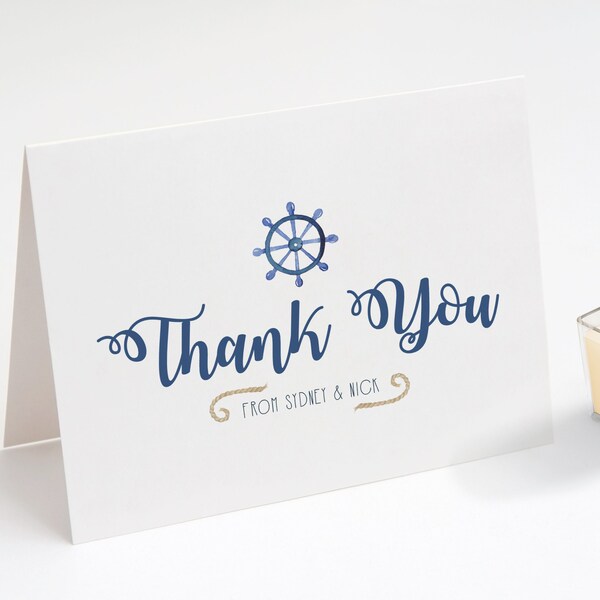 Thank You Card, The Ship's Wheel: A nautical, watercolor inspired thank you card for a seaside wedding, beach birthday, or summer party