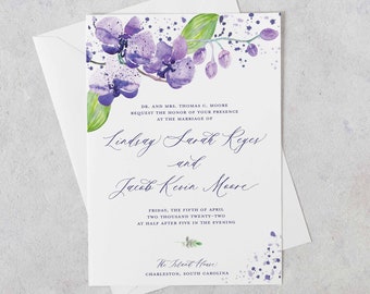 Wedding Invitation Suite (Printed), Custom and Personalized - Violet Orchid - Purple Floral Watercolor Party Theme