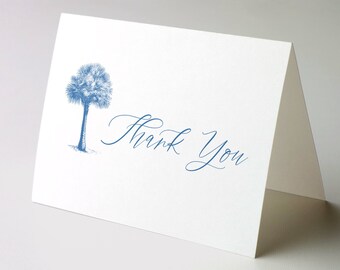 Custom Charleston Palm Tree Thank You Card: Personalized Navy Blue Folded Greeting Card, Perfect for Weddings and Parties