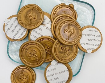 Script Letter K Wax Seal Stickers; Self Adhesive Wedding Wax Seals; Antique Gold Discounted Wedding Wax Seals - CLEARANCE SALE!