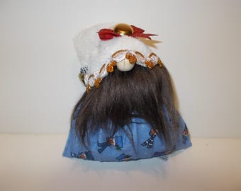 Gnome Shelf Sitter - Blue Christmas Gnome with Snowman Print Gold Trim