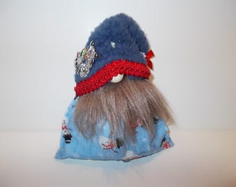 Gnome Shelf Sitter - Blue Christmas Gnome with Snowman Print Red Trim