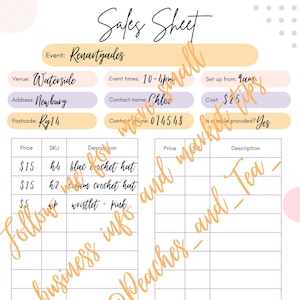 Small Business Market Sales Tracker, Sales Analysis and Checklist - Craft Fair Sales Record Sheet - Pastel Peach Pink Purple
