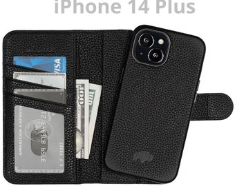 Carson Magnetic Detachable Full Grain Leather 2 in 1 Wallet and Case Set for Apple iPhone 14 PLUS (6.7") in Pebble Black Leather