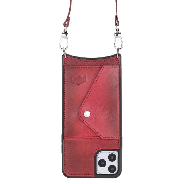 Étui portefeuille à bandoulière pour iPhone 11 Pro Max avec sangle, portefeuille à bandoulière en cuir pleine fleur avec fentes pour cartes, style bandoulière, rouge bruni