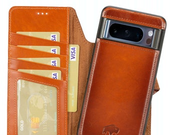 Google Pixel 8 PRO Leather Wallet Case, Magnetic Detachable Snap on & Wallet Case, built in Kickstand, Burnished Tan