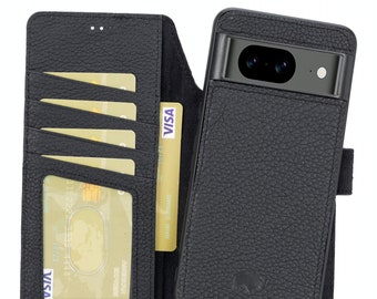 Google Pixel 8 Leather Wallet Case, Magnetic Detachable Snap on & Wallet Case, built in Kickstand, Pebble Black