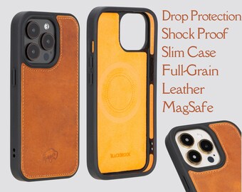 Modern York iPhone 15 Pro Max (6.7") Full Grain Handmade  Leather Case, Drop Protection, MagSafe Compatible,Snap-on Case, BlackBrook Case