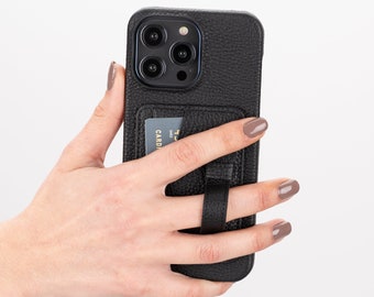 Hartford Handmade Full Grain Leather iPhone 14 Pro Max Leather Card Holder Finger Loop Case in Pebble Black, BlackBrook Case