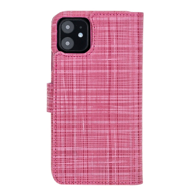 6.1 Apple iPhone 11 Pieno Full Grain Leather Full Covered Magnetic Detachable Wallet Cover Case in Tiguan Pink by Burkley Case