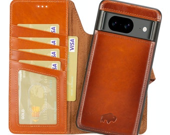 Google Pixel 8 Leather Wallet Case, Magnetic Detachable Snap on & Wallet Case, built in Kickstand, Burnished Tan