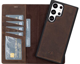 Samsung Galaxy S23 ULTRA Leather Wallet & Case Set, Handmade Full Grain Leather Magnetic Detachable Case, Distressed Coffee Color,BlackBrook