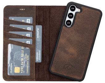 Samsung Galaxy S23+ Plus Leather Wallet & Case Set, Handmade Full Grain Leather Magnetic Detachable Case, Distressed Coffee Color,BlackBrook