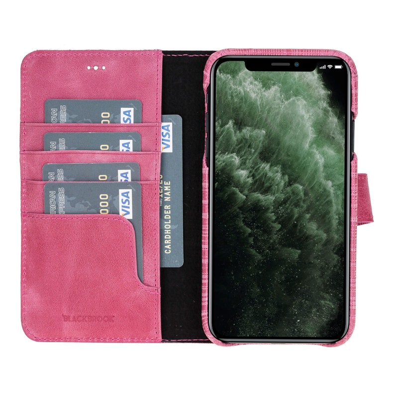 6.1 Apple iPhone 11 Pieno Full Grain Leather Full Covered Magnetic Detachable Wallet Cover Case in Tiguan Pink by Burkley Case