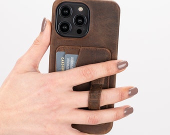 Hartford Handmade Full Grain Leather iPhone 14 Pro (6.1") Leather Card Holder Finger Loop Case in Distressed Antique Coffee, BlackBrook Case