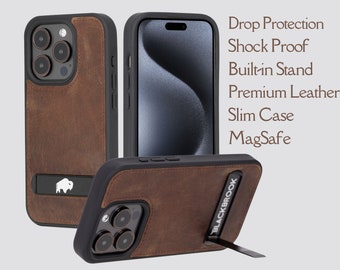 Apple iPhone 15 Pro Max (6.7") Reed Full Grain Leather Case with Stand, MagSafe Compatible, Snap-on Case Polycarbonate Siding, BlackBrook