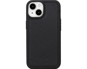 Apple iPhone 15 (6.1") York Full Grain Leather Snap-On Case, MagSafe Compatible, Slim Back Cover Case - Pebble Black