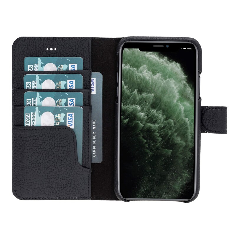 Pieno Full Leather Covered Magnetic Detachable Wallet Case for Apple iPhone 11 Pro 5.8 in Pebble Black by Burkley Case