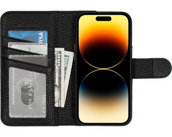 Carson Magnetic Detachable Full Grain Leather 2 in 1 Wallet and Case Set for Apple iPhone 14 PRO (6.1") in Pebble Black Leather
