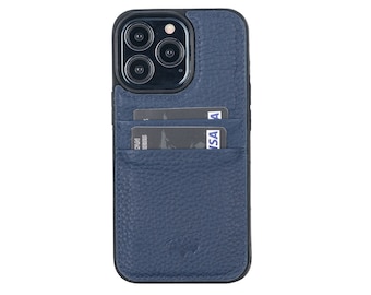 Weston Protective Leather Cover with Card Slots, Full Grain Premium Leather Case for Apple iPhone 13 Pro Max 6.7" in Monaco Blue Color