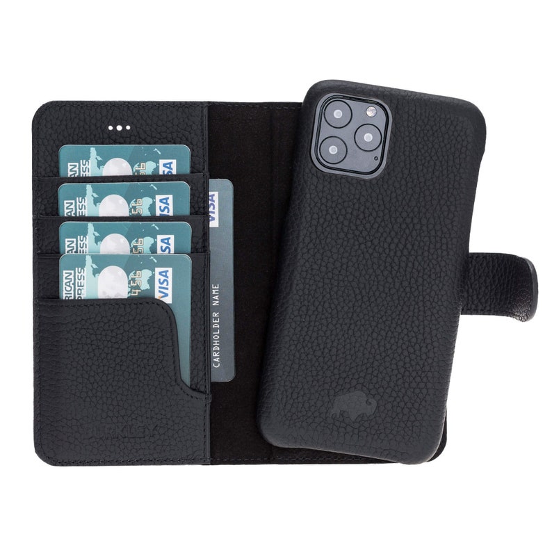 Pieno Full Leather Covered Magnetic Detachable Wallet Case for Apple iPhone 11 Pro 5.8 in Pebble Black by Burkley Case