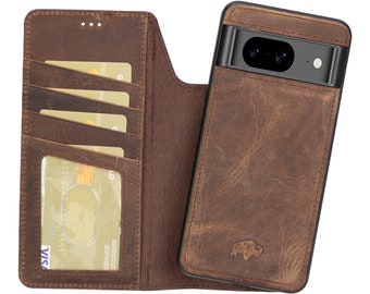 Google Pixel 8 Leather Wallet Case, Magnetic Detachable Snap on & Wallet Case, built in Kickstand, Distressed Coffee