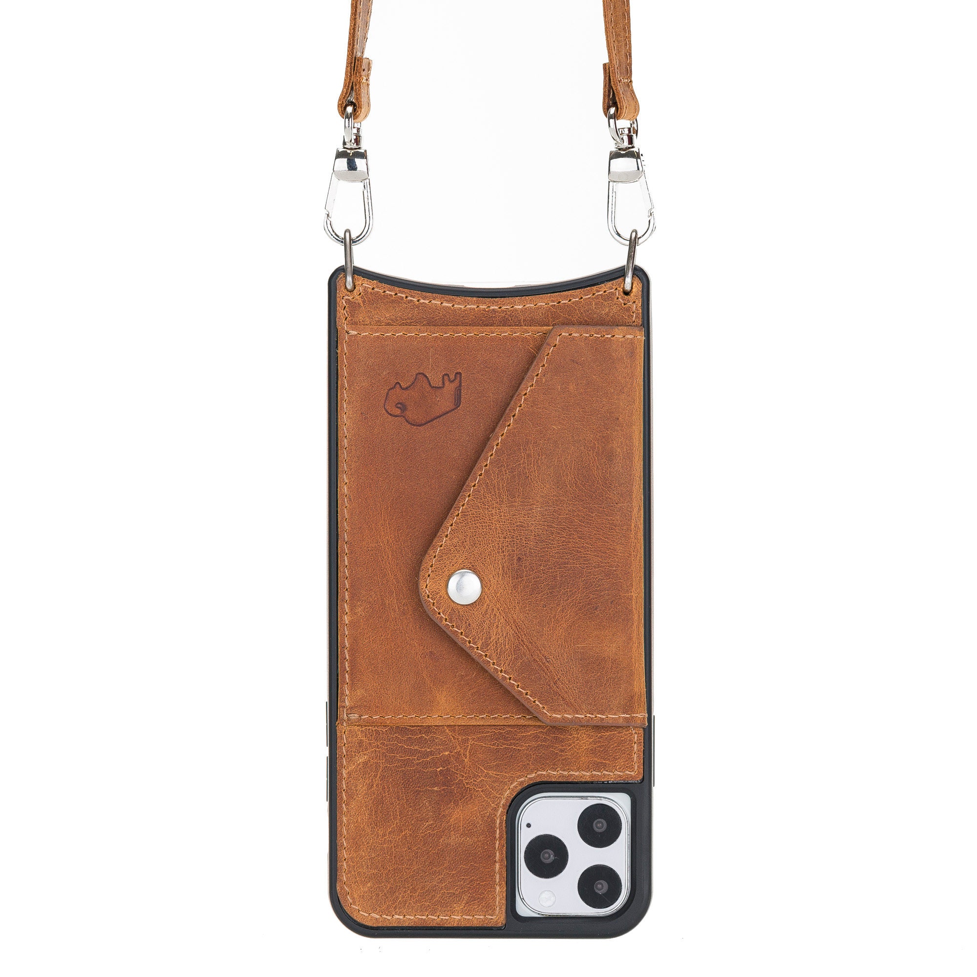 Billie Utility Crossbody with Case in Black/Gold | 13 / iPhone Pro Max | Genuine Leather | Bandolier Style
