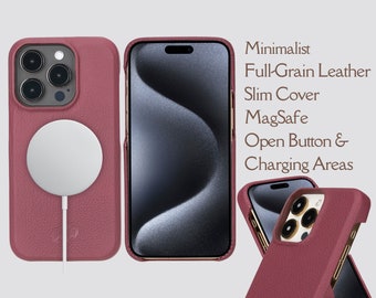 iPhone 15 Pro 6.1" Mason Full Grain Leather Case - Minimalist Snap-On Design, Open Button Access, MagSafe Compatible, Vivid Leather Colors