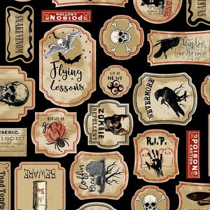 Halloween Fabric By The Yard, Nevermore Spooky Labels, Timeless Treasures C8637, Quilting Cotton BTY, TheFabricEdge