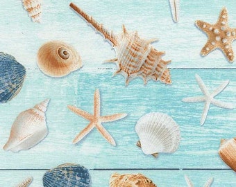 Seashell Fabric By The Yard, Beach Is My Happy Place Allover Seashells Aqua, Timeless Treasures C6744, Quilting Fabric BTY, TheFabricEdge