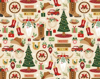 Cowboy Christmas Fabric by The Yard, Western Holiday Decor, Timeless Treasures BH-CD4081, Quilting Cotton