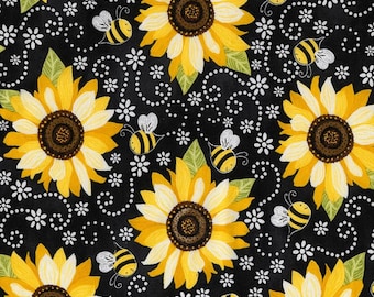 Sunflower Fabric, By The Yard, Sunflower and Bee Chalkboard, C5345, Timeless Treasures, Quilting Cotton, BTY, TheFabricEdge