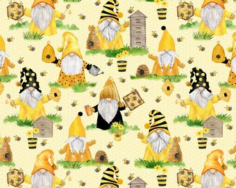 Gnome Fabric by the Yard, Beekeeper Gnomes, Timeless Treasures Gail-CD1849 Yellow, Quality Quilting Cotton