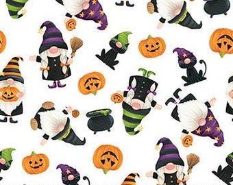 Halloween Gnomes Fabric By The Yard, Northcott Gnomes Night Out Tossed Gnomes White, 24662-10, Quilting Cotton BTY, TheFabricEdge