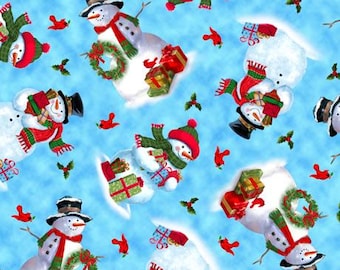 Christmas Fabric, By The Yard, Snowman Fabric, Frosty Friends Tossed Snowmen, 27682-B, Blue, Quilting Cotton, BTY, TheFabricEdge