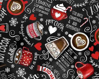 Christmas Hot Cocoa Fabric By The Yard, Hot Chocolate Winter Drinks, Timeless Treasures C1407, Quality Quilting Cotton BTY, TheFabricEdge