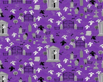 Halloween Fabric By The Yard, Patrick Lose Ghoultide Greetings Ghosts, Purple, 10019-84, Quilting Cotton BTY, TheFabricEdge