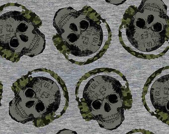 Skull Fabric By The Yard, Camo Skulls With Headphones, Timeless Treasures CD1455, Quilting Cotton BTY, TheFabricEdge