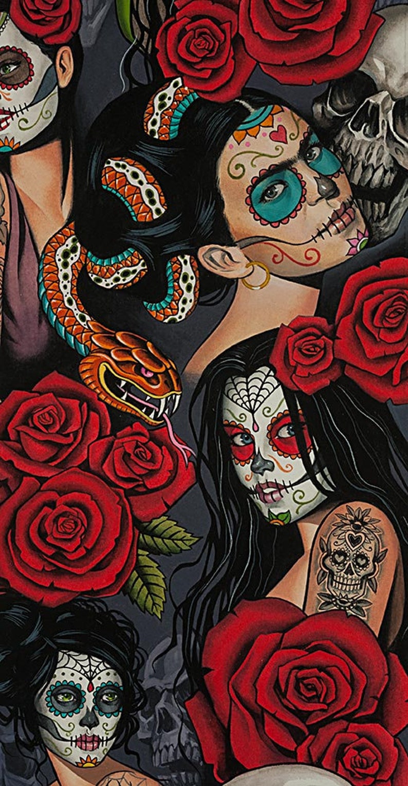 Skulls Sugar Skull Ladies Cotton Nocturna Brite Fabric by the Yard Nocturna Bright Alexander Henry Fabric TheFabricEdge