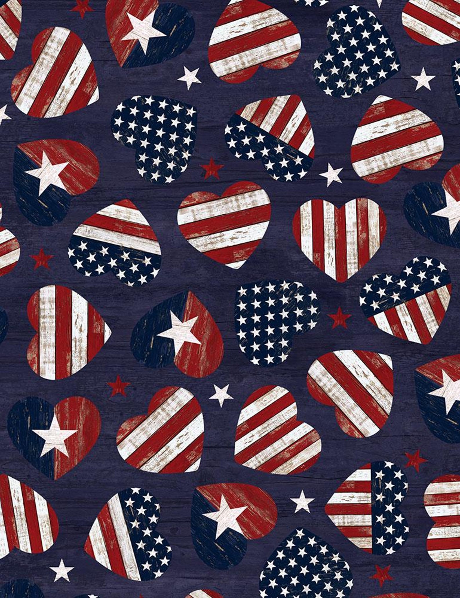 Patriotic Fabric by the Yard, American Flag Hearts, Dark Blue, Timeless ...