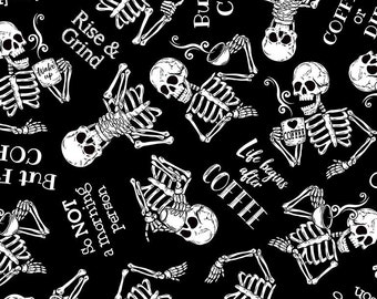 Coffee Fabric, PRECUT HALF YARD, Skeletons In Need of Coffee, Timeless Treasures C8957, Quilting Cotton, TheFabricEdge