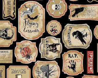 Halloween Fabric By The Yard, Nevermore Spooky Labels, Timeless Treasures C8637, Quilting Cotton BTY, TheFabricEdge