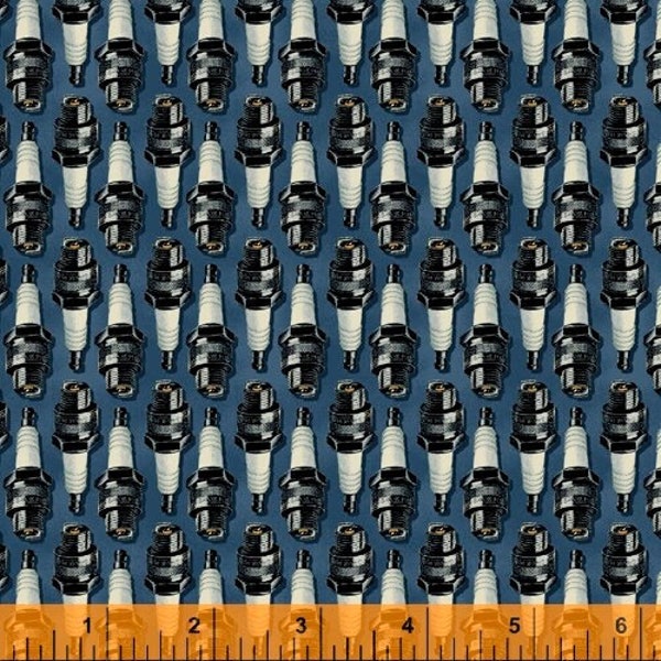 Motorcycle Fabric, By The Yard, Born To Ride Spark Plugs, Windham Fabrics, 52242-4 Blue, Quilting Cotton, BTY, TheFabricEdge