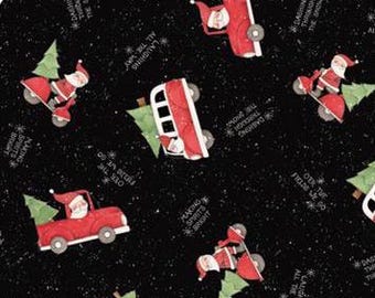 Santa Claus Fabric, By The Yard, Making Spirits Bright, Santa Delivery, Christmas Tree Truck, RV, Camper, Red Truck,  Black, TheFabricEdge