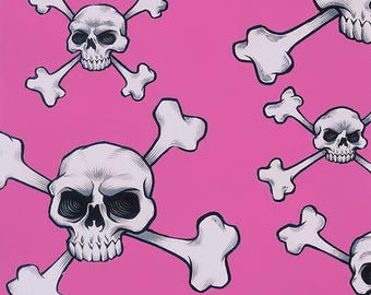Alexander Henry Fabric By The Yard, Skull and Bones, Pink, 8870C, Quilting Cotton BTY, TheFabricEdge