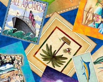 Hawaiian Postcards Fabric By The Yard, Postcards from Paradise, QT Fabrics, 27729 -Y, Quilting Cotton, TheFabricEdge