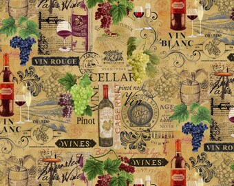 Wine Fabric By The Yard, Vintage Wine and Grape on Text, Timeless Treasures Wine-CD1929 Beige, Quality Quilting Cotton, BTY