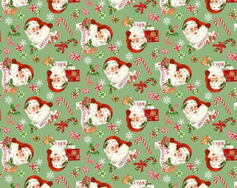 Christmas Fabric By The Yard, Northcott Peppermint Candy Tossed Santa Green DP24624-74, Quilting Cotton BTY, TheFabricEdge
